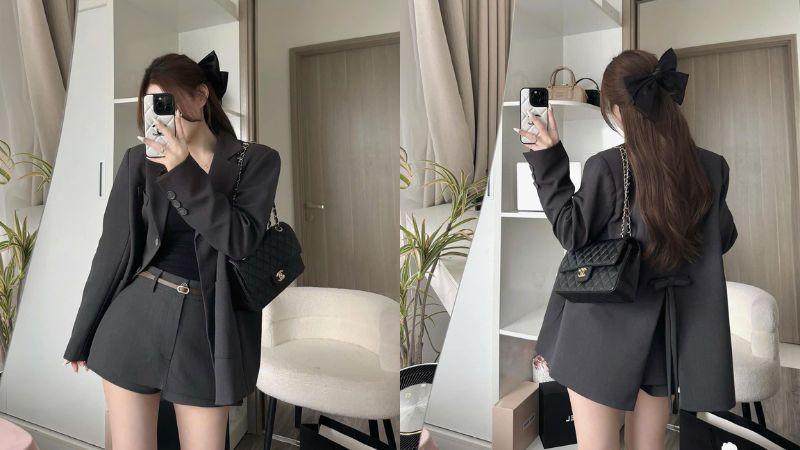 Set đồ Tết cho nữ với áo dài cách tân màu hồng nhạt, họa tiết hoa, kết hợp quần ống rộng trắng, mang nét thanh lịch, truyền thống nhưng vẫn hiện đại.